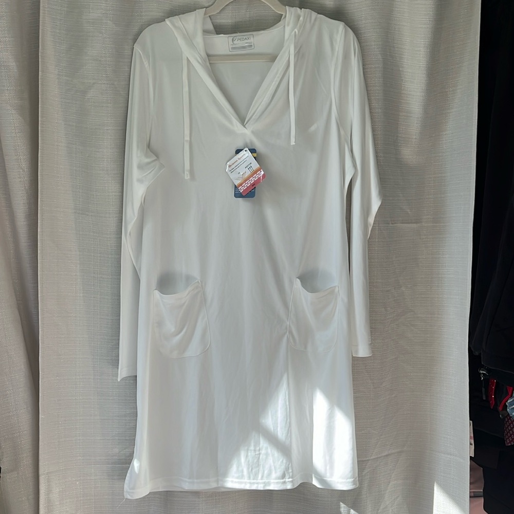 Pedaxi White Knee Length Hooded UPF 50+ Cover Up with Pockets, Womens XXL, NWT